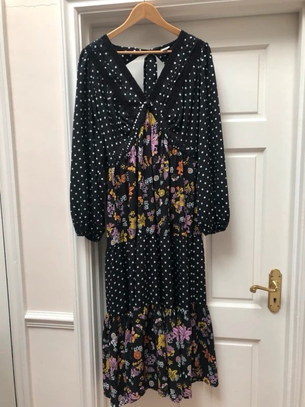 Black Polka Dot Maxi Dress with Floral Panels